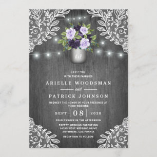Lila Silver Gray Floral Rustic Mason Jar Wedding Einladung