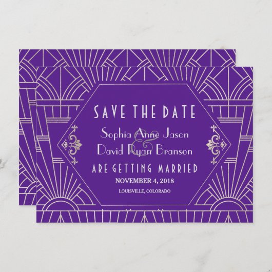 Lila Silver Great Gatsby Art Deco Save the Date (Vorne/Hinten)