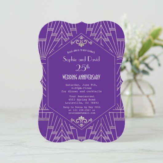 Lila Silver Great Gatsby Hochzeitstag Einladung (Stehend Vorderseite)