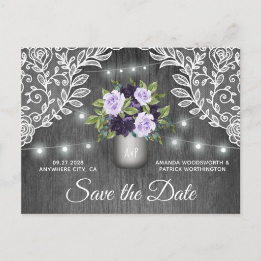 Lila Silver Mason Jar Wedding Save the Date Ankündigungspostkarte (Vorderseite)