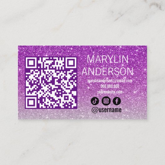 Lila Silver Ombre Glitzer Lash Tech QR Code Visitenkarte (Rückseite)