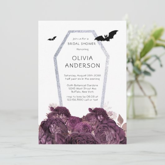 Lila Silver Peony Coffe Fledermäuse Brautparty Einladung (Stehend Vorderseite)