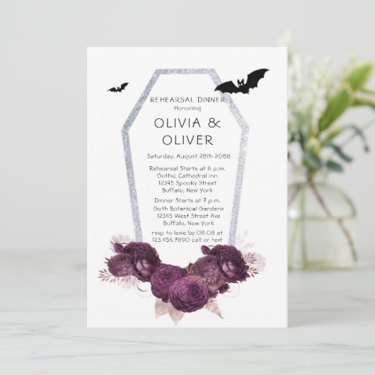 Lila Silver Peony Coffes Fledermäuse Probe Abendes Einladung (Stehend Vorderseite)