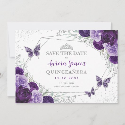 Lila Silver Quinceanera Floral Save the Date Ankündigung (Vorderseite)