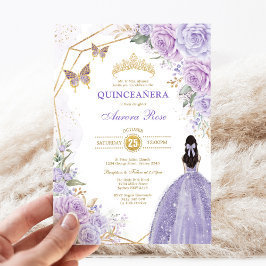 Lila Silver Quinceñera Butterfly Princess Party Einladung