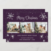 Lila Silver Snowflake Snow FotoCollage Feiertagskarte (Vorne/Hinten)