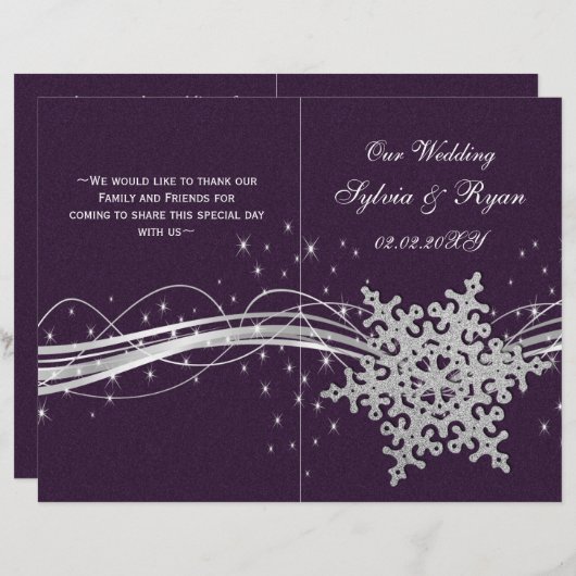 lila Silver Snowflakes Hochzeitsprogramme gefaltet (Vorne/Hinten)