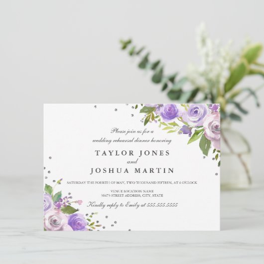 Lila Silver Sparkone Probe Abendessen Einladung (Stehend Vorderseite)