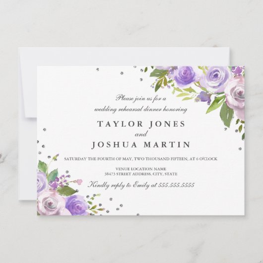 Lila Silver Sparkone Probe Abendessen Einladung (Vorderseite)