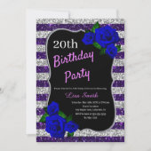 Lila Silver Stripes Glitzer Deep Blue Rose Einladung (Vorderseite)