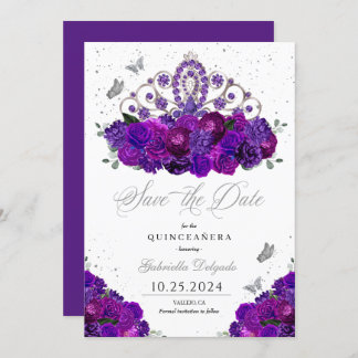 Lila & Silver Tiara Save the Date Quinceañera Einladung