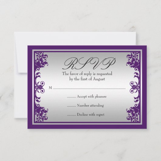 Lila Silver Vintager Blüh Scroll Wedding RSVP (Vorderseite)