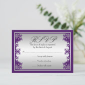 Lila Silver Vintager Blüh Scroll Wedding RSVP Karte (Stehend Vorderseite)