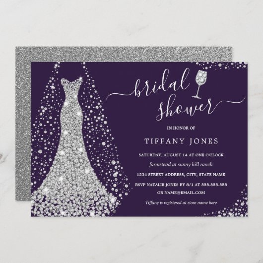 Lila Silver Wedding Dress Brautparty Einladung (Vorne/Hinten)