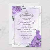 Lila Silver & White Floral Tiara Quinceañera Inv Einladung (Vorderseite)