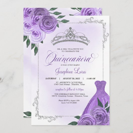 Lila Silver & White Floral Tiara Quinceañera Inv Einladung (Vorne/Hinten)
