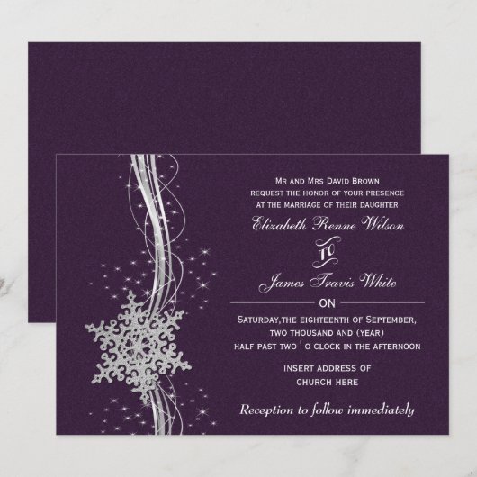 lila Silver Winter Hochzeit Einladungen (Vorne/Hinten)