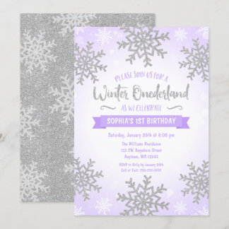 Lila Silver Winter ONEderland 1. Geburtstag Einladung