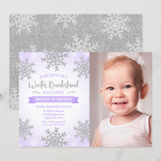 Lila Silver Winter ONEderland 1. Geburtstag Foto Einladung