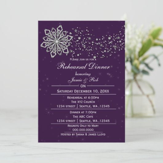Lila Silver Winter Probe Dinner einladen Einladung (Stehend Vorderseite)