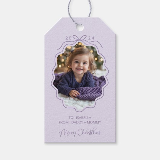 Lila Simple Bow Foto Weihnachten Geschenkanhänger (Vorderseite)