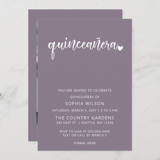 Lila Simple Script Quinceanera-Foto Einladung (Vorne/Hinten)
