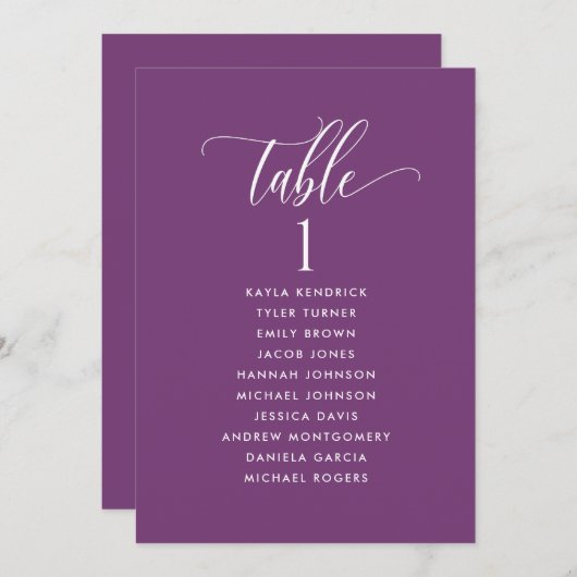 Lila Siteplan-Karten mit Gästennamen (Vorne/Hinten)