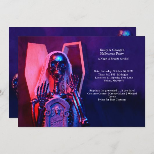 Lila Skelettcoffin-Halloween-Party Einladung (Vorne/Hinten)
