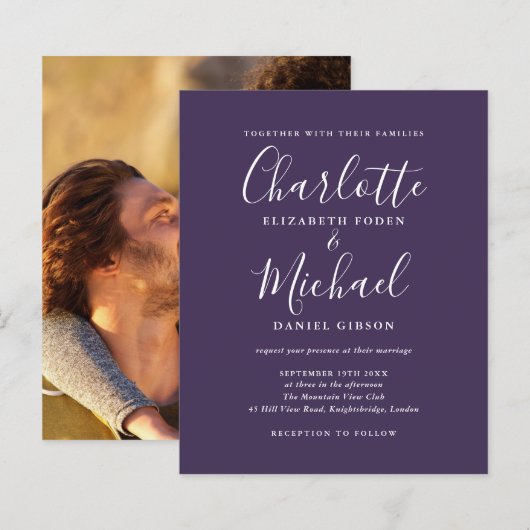 Lila Skript-Foto Einladung (Vorne/Hinten)