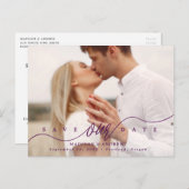 Lila Skript-Foto Save the Date geblüht Ankündigungspostkarte (Vorne/Hinten)