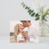 Lila Skript-Foto Save the Date geblüht Ankündigungspostkarte (Stehend Vorderseite)