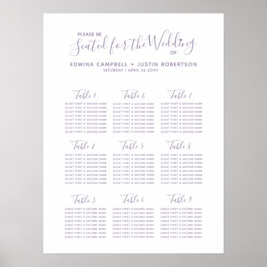 Lila Skript Herz Art Hochzeitstisch Plan Poster (Vorne)
