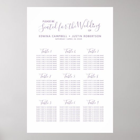 Lila Skript Herz Art Hochzeitstisch Plan Poster (Vorne)