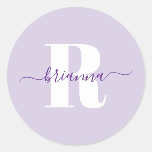Lila Skriptname Fett Monogram Runder Aufkleber (Vorderseite)