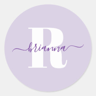 Lila Skriptname Fett Monogram Runder Aufkleber