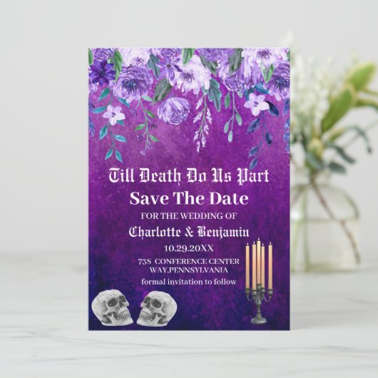 Lila Skull Save the Date Halloween Hochzeit (Stehend Vorderseite)