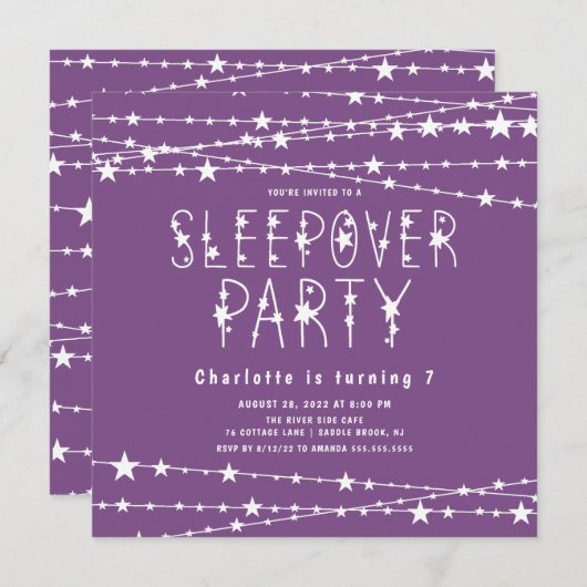 Lila Sleepover Geburtstagsparty Einladung (Vorne/Hinten)