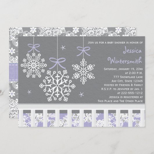 Lila Snowflake Mobile Crib Babydusche Einladung (Vorne/Hinten)