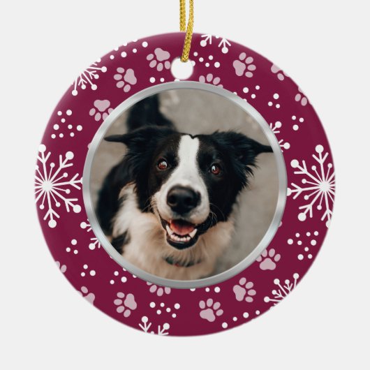 Lila Snowflake-Paw-Muster Pet Foto Keramik Ornament (Vorne)