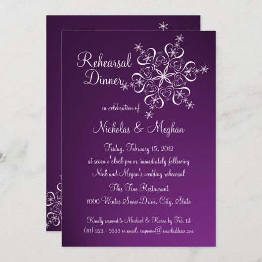 Lila Snowflake Probe Dinner Einladung (Vorne/Hinten)