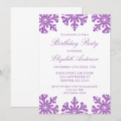 Lila Snowflake WinterGeburtstagsparty Einladung (Vorne/Hinten)