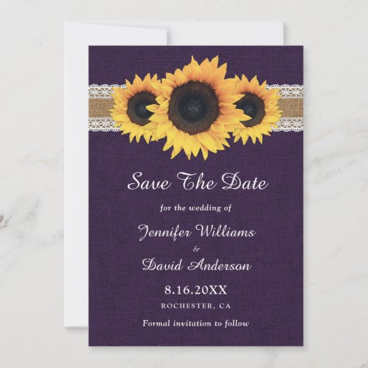 Lila Sonnenblume Rustikale Burlap Lace Hochzeit Save The Date (Vorderseite)