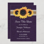 Lila Sonnenblume Rustikale Burlap Lace Hochzeit Save The Date (Vorne/Hinten)