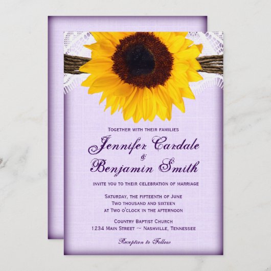 Lila Sonnenblume Rustikale Hochzeit lädt ein Einladung (Vorne/Hinten)