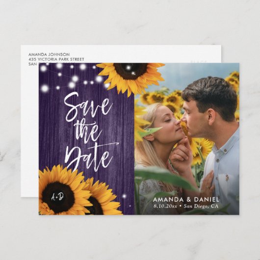 Lila Sonnenblumen Foto Save the Date Postkarte (Vorne/Hinten)