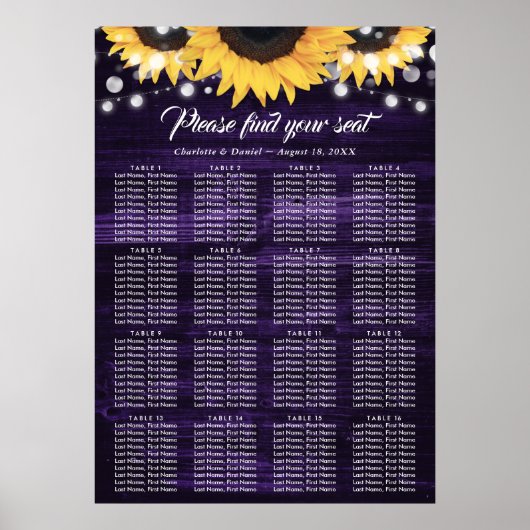 Lila Sonnenblumen-Hochzeitssitzplan 16 Poster (Vorne)