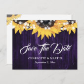 Lila Sonnenblumen-Holzleuchten heiraten das Datum Ankündigungspostkarte (Vorne/Hinten)