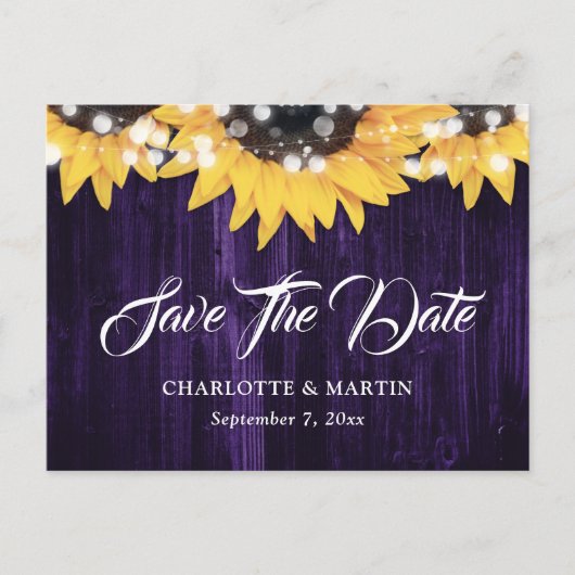 Lila Sonnenblumen-Holzleuchten heiraten das Datum Ankündigungspostkarte (Vorderseite)