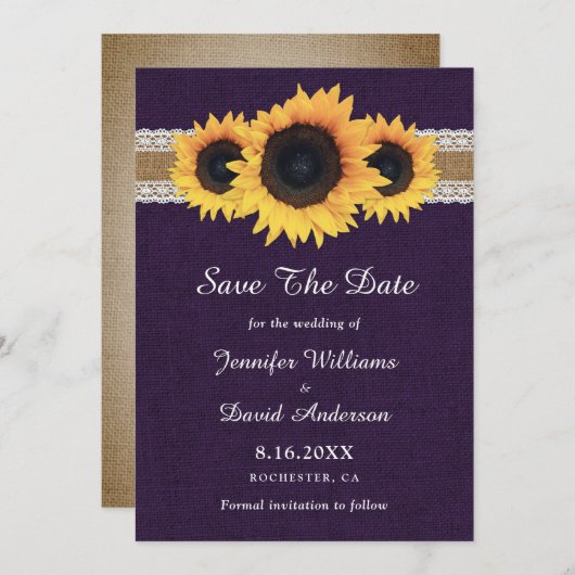 Lila Sonnenblumenhochzeit im rustikalen Land Save The Date (Vorne/Hinten)