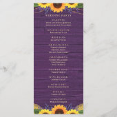 Lila Sonnenblumenhochzeit mit rustikalem Holzring Programm (Rückseite)